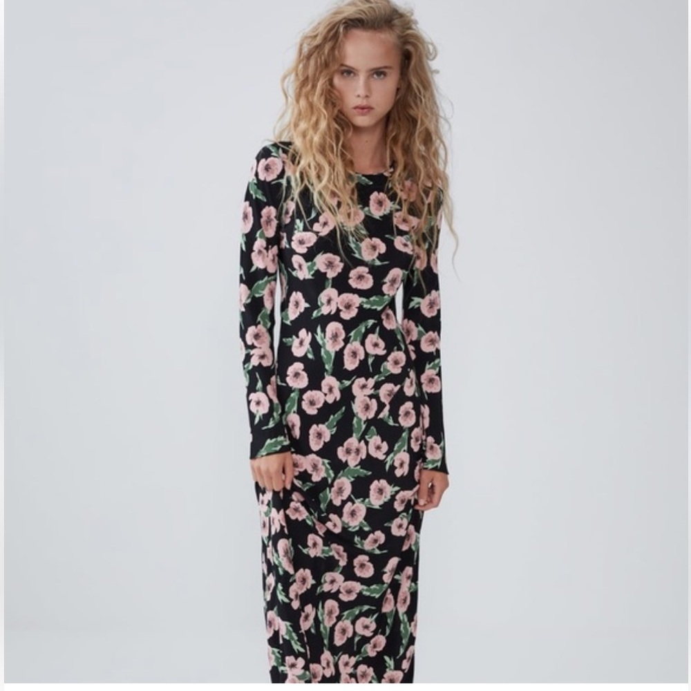 Zara black and pink floral print midi dress
